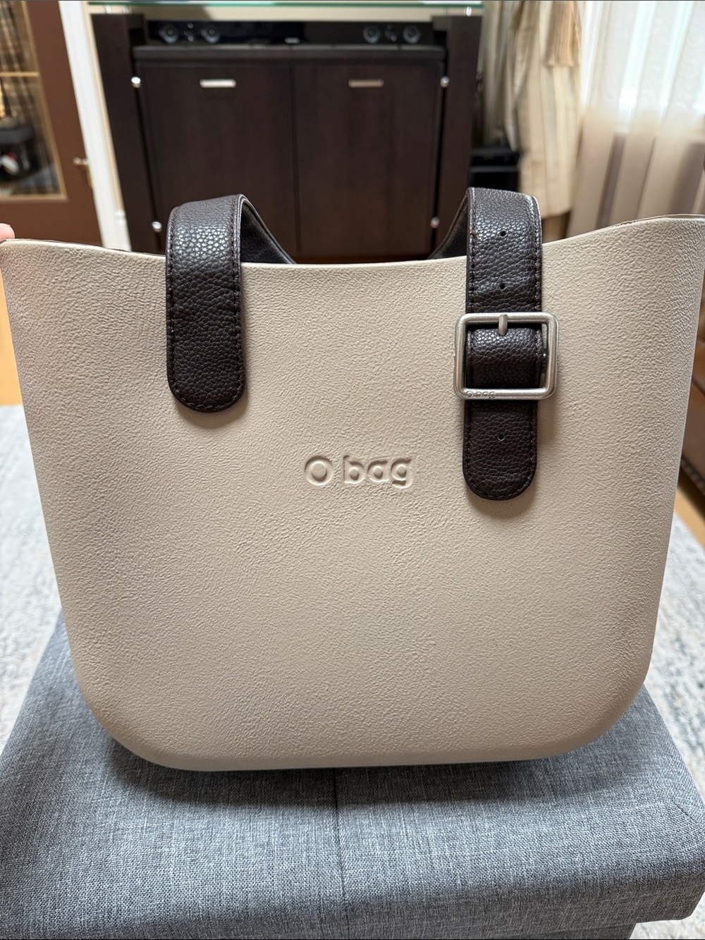 O bag Cream Tote with Dark Brown Adjustable Handles